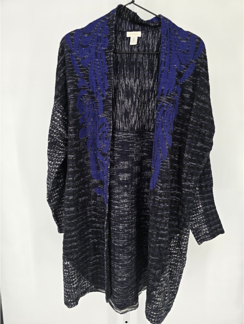 Chicos Cardigan Womens 2 US 14 Blue Multi Pattern Open Front Knee Length Sweater